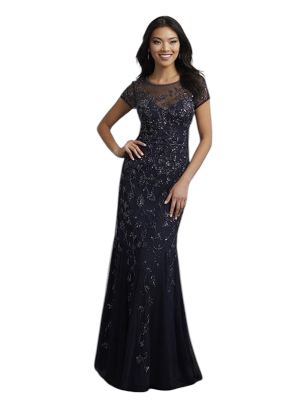 Adrianna Papell Navy Beaded Illusion Neck Maxi Gown